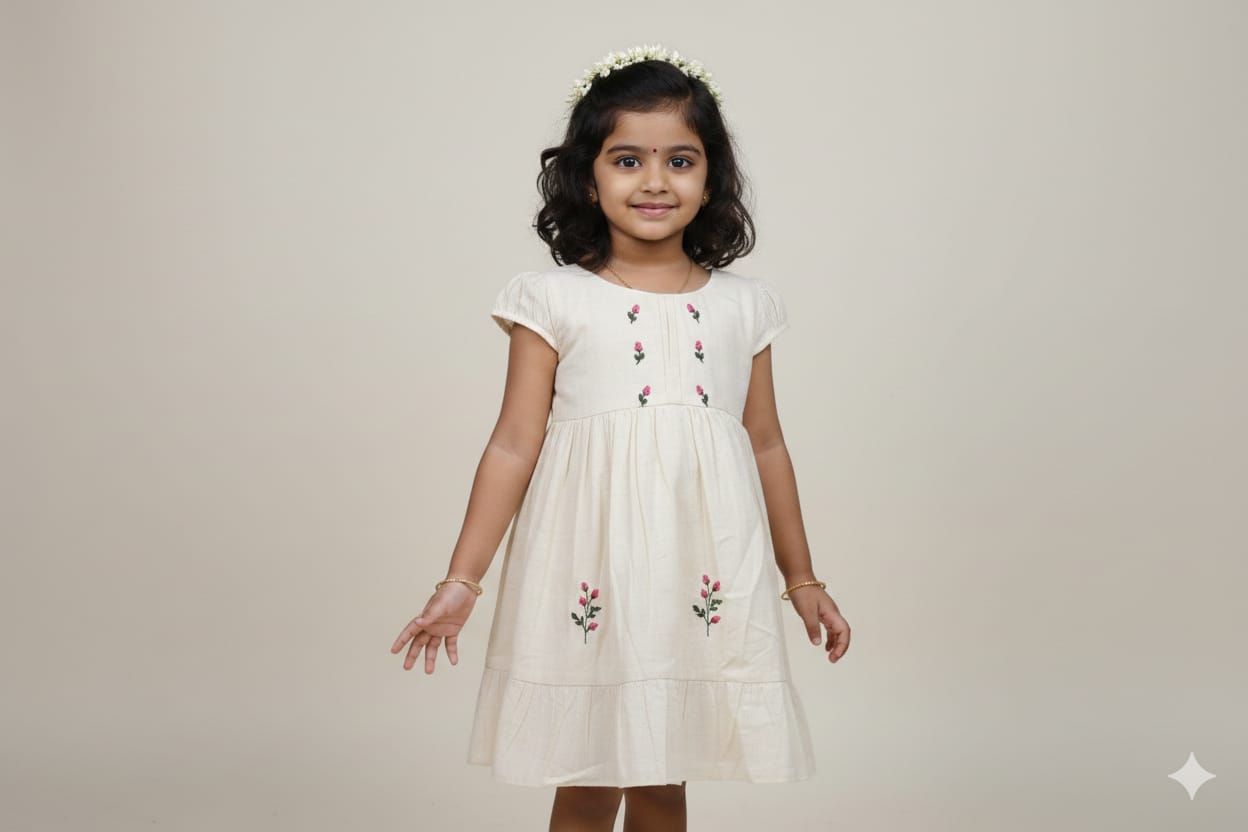 Cream Cotton Embroidered Kids Frock with Back Bow
