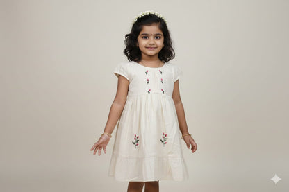 Cream Cotton Embroidered Kids Frock with Back Bow