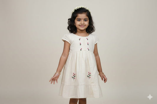 Cream Cotton Embroidered Kids Frock with Back Bow
