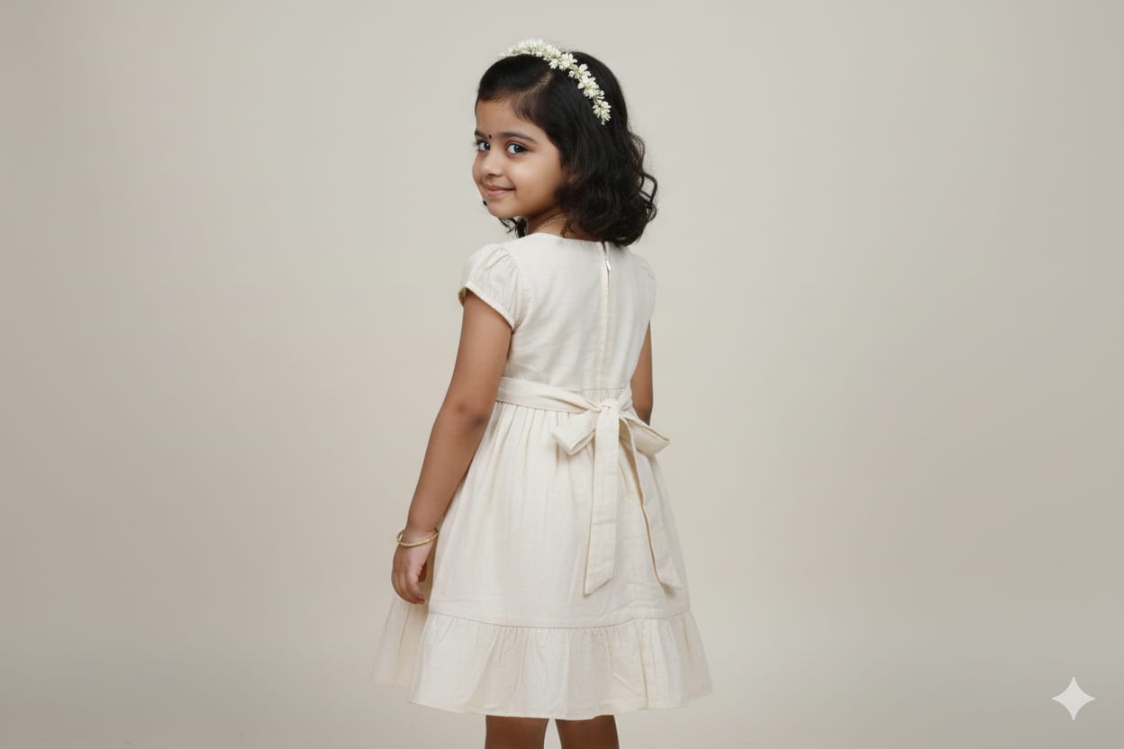 Cream Cotton Embroidered Kids Frock with Back Bow