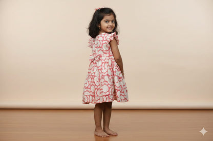 Girls Red & Cream Leaf Print Cotton Frock with Ruffle Sleeves