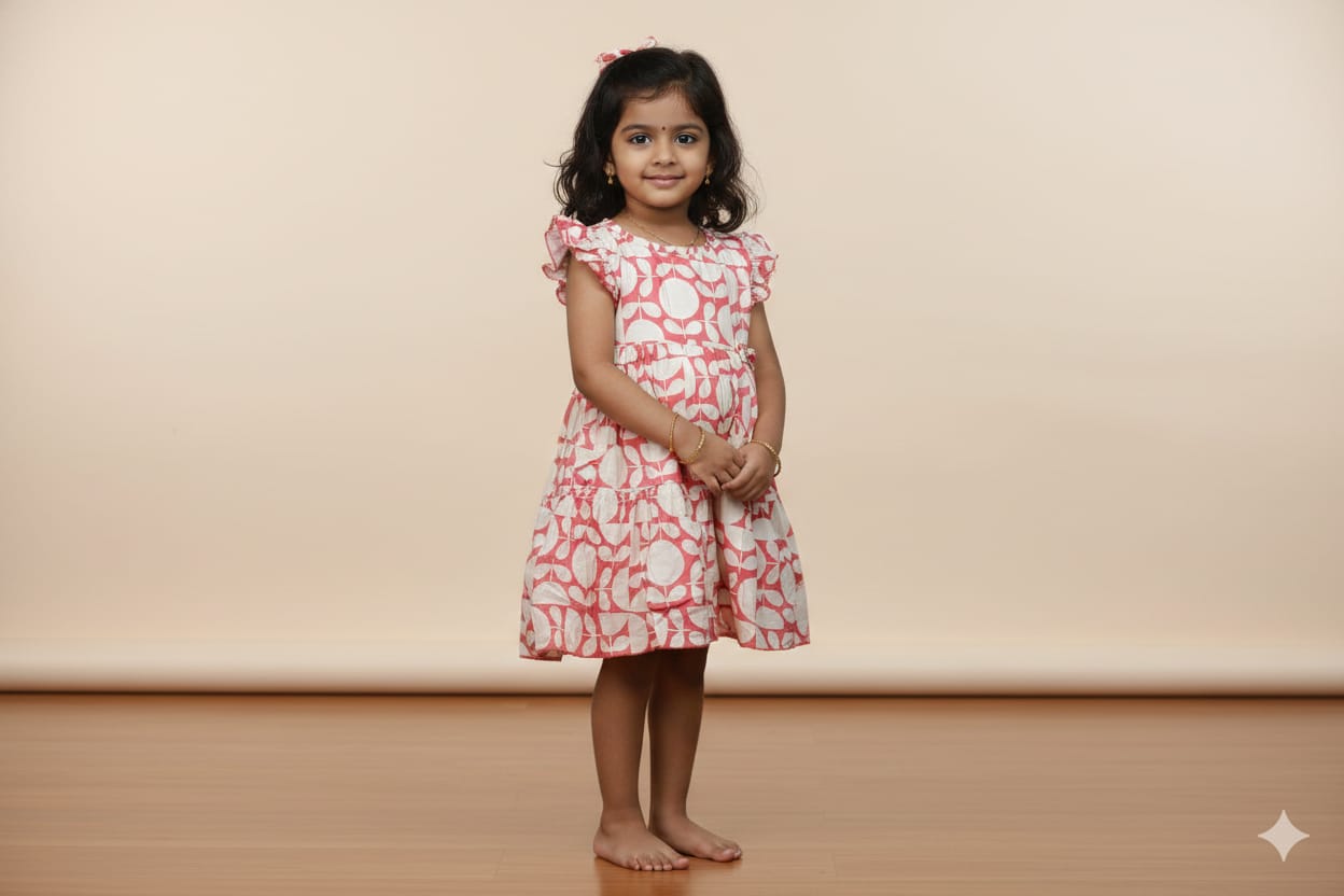 Girls Red & Cream Leaf Print Cotton Frock with Ruffle Sleeves