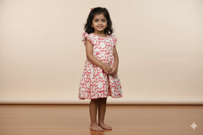 Girls Red & Cream Leaf Print Cotton Frock with Ruffle Sleeves
