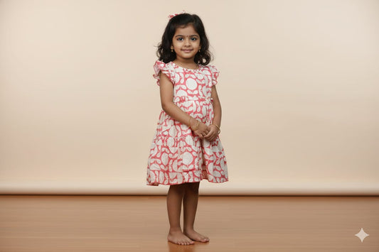 Girls Red & Cream Leaf Print Cotton Frock with Ruffle Sleeves
