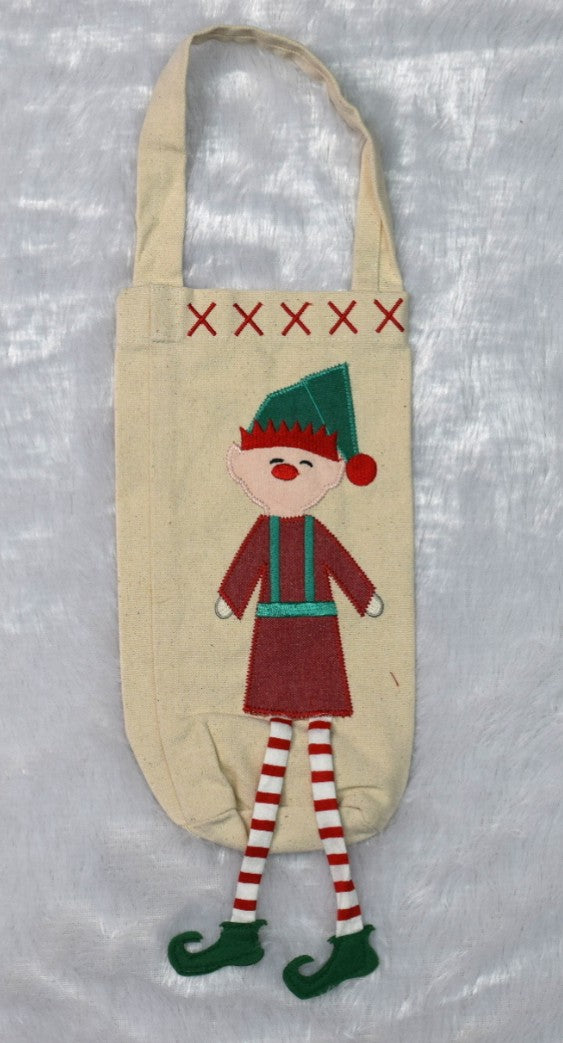 Christmas Elf Wine Bottle Cover – Festive Canvas Gift Bag with Dangling Legs