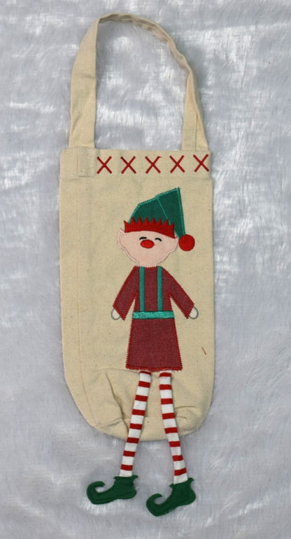 Christmas Elf Wine Bottle Cover – Festive Canvas Gift Bag with Dangling Legs