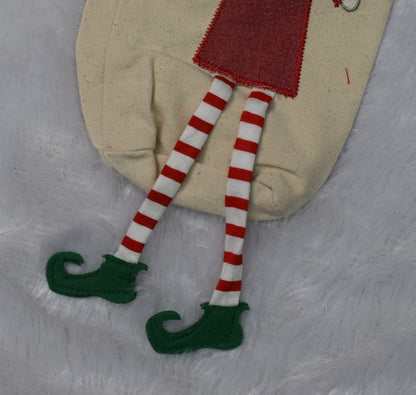 Christmas Elf Wine Bottle Cover – Festive Canvas Gift Bag with Dangling Legs