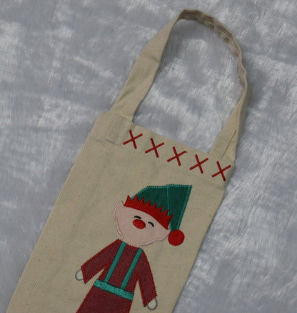 Christmas Elf Wine Bottle Cover – Festive Canvas Gift Bag with Dangling Legs