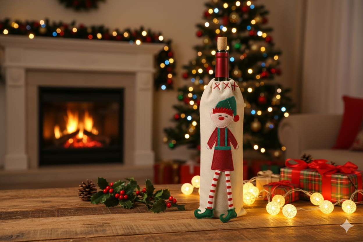 Christmas Elf Wine Bottle Cover – Festive Canvas Gift Bag with Dangling Legs
