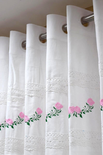 White Cotton Door Curtain with Pink Floral Embroidery &amp; Lace Border – 4×7 ft