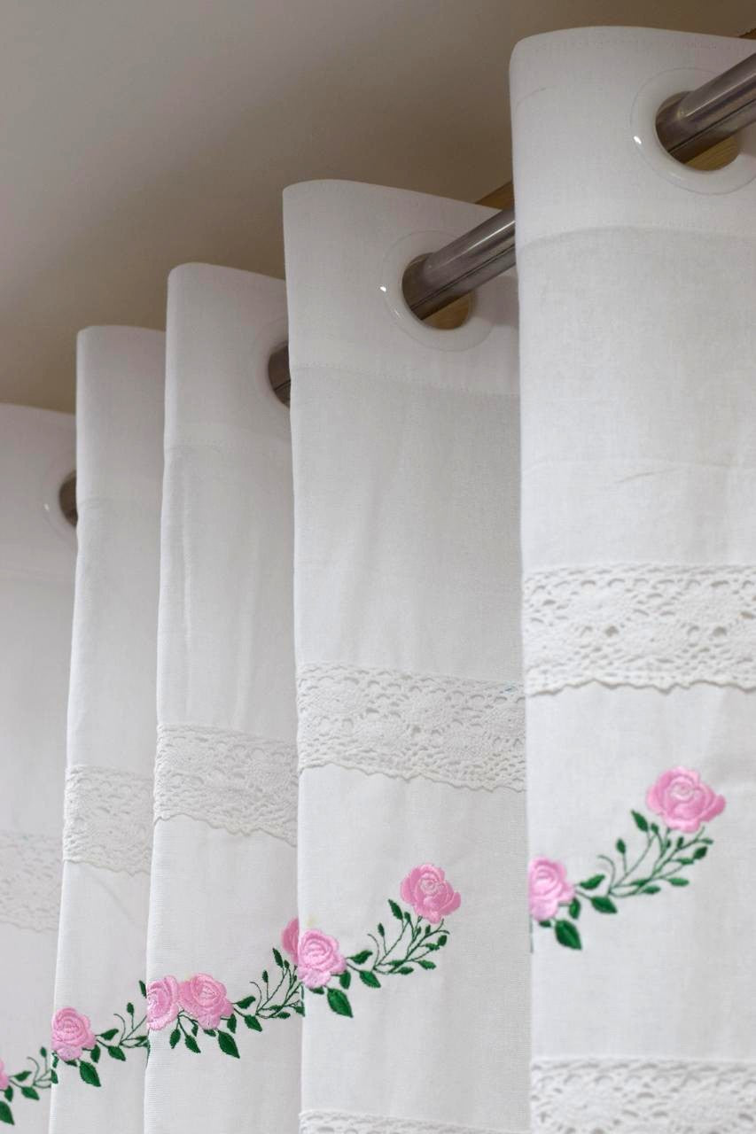 White Cotton Door Curtain with Pink Floral Embroidery &amp; Lace Border – 4×7 ft
