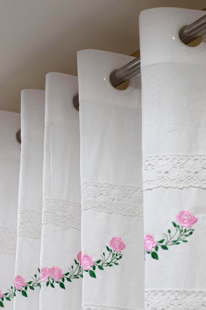 White Cotton Door Curtain with Pink Floral Embroidery &amp; Lace Border – 4×7 ft