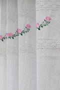 White Cotton Door Curtain with Pink Floral Embroidery &amp; Lace Border – 4×7 ft