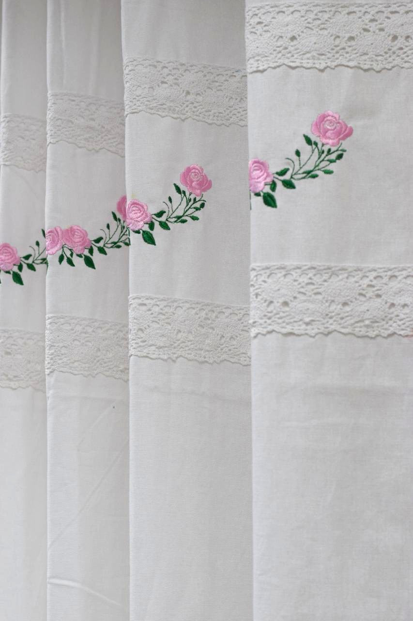 White Cotton Door Curtain with Pink Floral Embroidery &amp; Lace Border – 4×7 ft