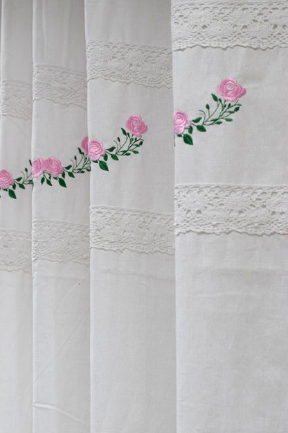 White Cotton Door Curtain with Pink Floral Embroidery &amp; Lace Border – 4×7 ft