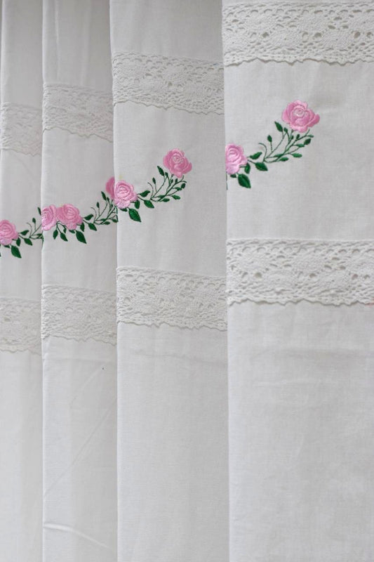 White Cotton Door Curtain with Pink Floral Embroidery &amp; Lace Border – 4×7 ft
