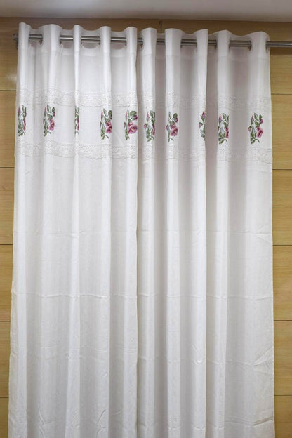 White Cotton Door Curtain with Floral Embroidery & Lace Border – 4 x 7 ft