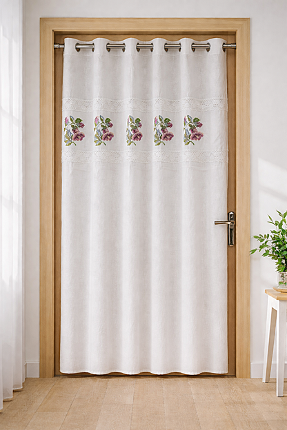 White Cotton Door Curtain with Floral Embroidery & Lace Border – 4 x 7 ft