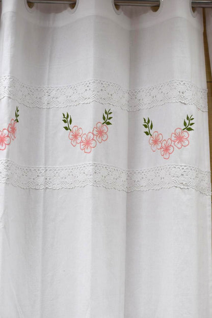 White Floral Embroidered Cotton Door Curtain with Lace Border – 4 x 7 ft