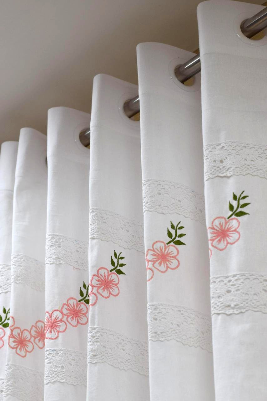 White Floral Embroidered Cotton Door Curtain with Lace Border – 4 x 7 ft