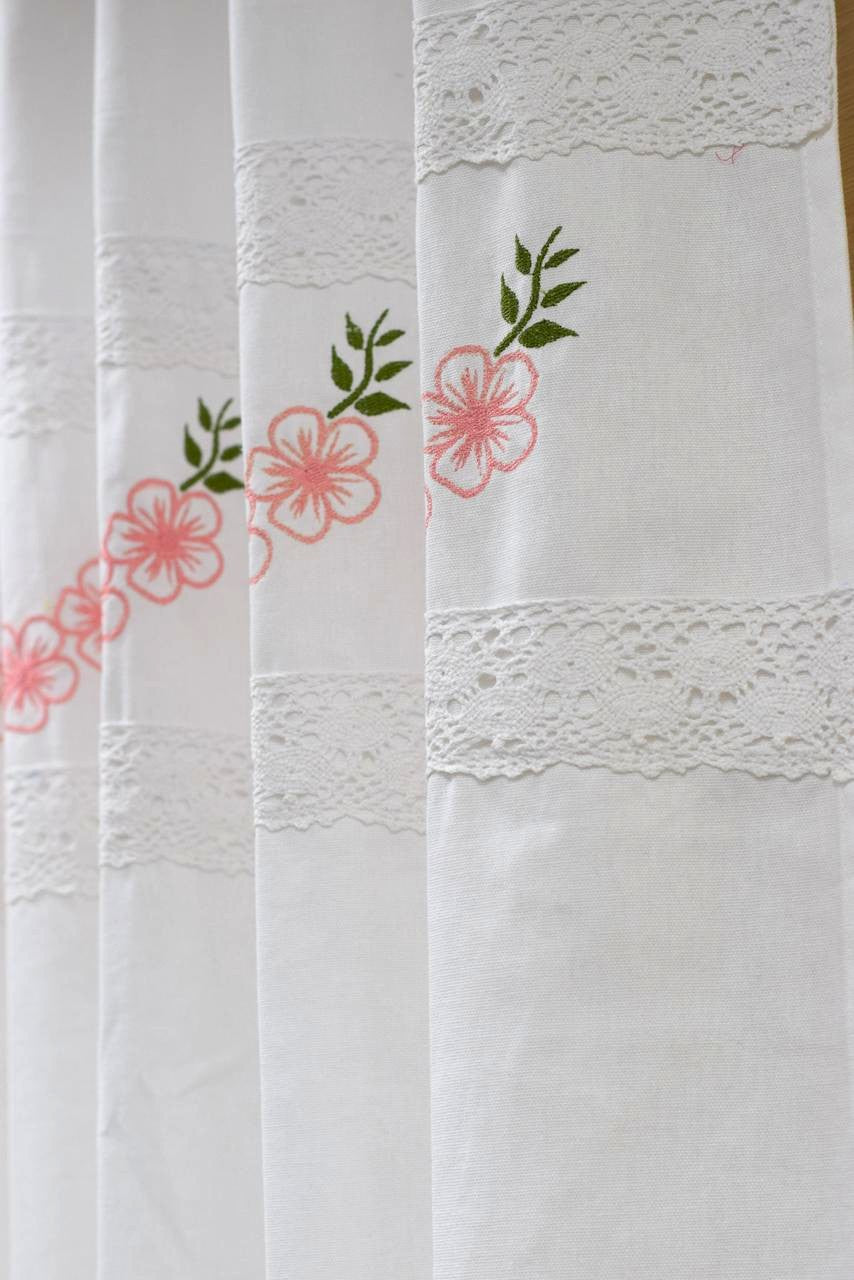 White Floral Embroidered Cotton Door Curtain with Lace Border – 4 x 7 ft