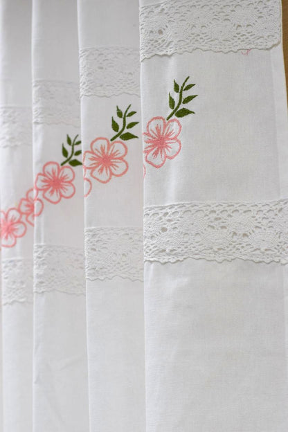 White Floral Embroidered Cotton Door Curtain with Lace Border – 4 x 7 ft