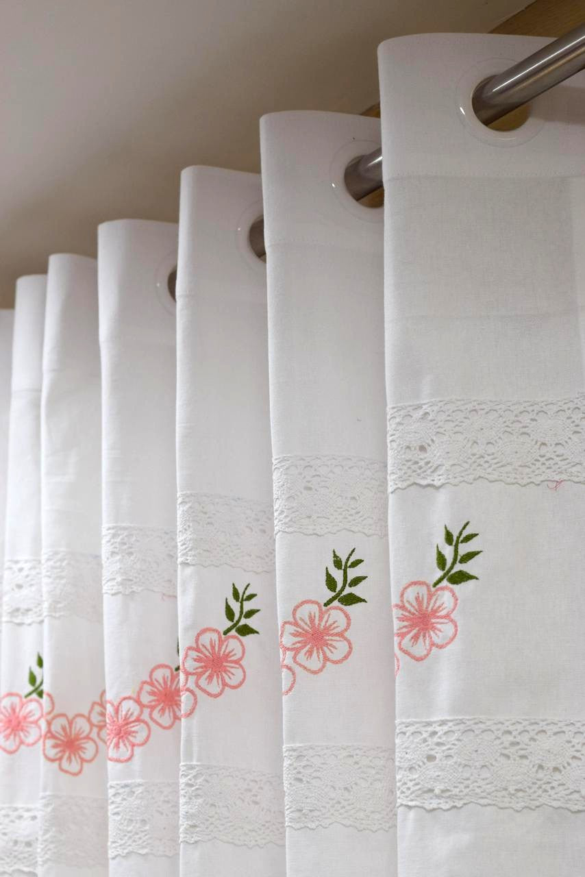 White Floral Embroidered Cotton Door Curtain with Lace Border – 4 x 7 ft