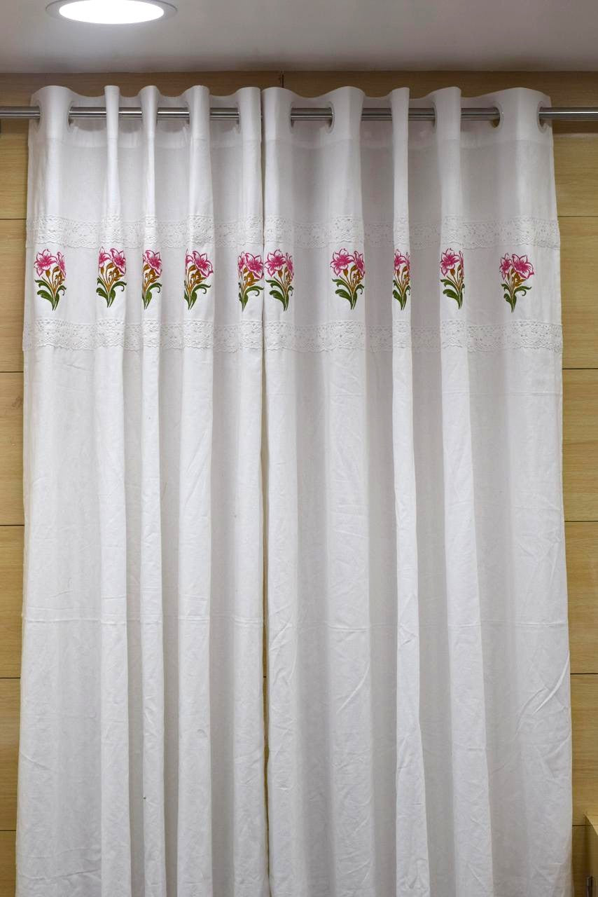 Floral Embroidered Cotton Door Curtain – 4 x 7 ft / 4 *5 feet (White)