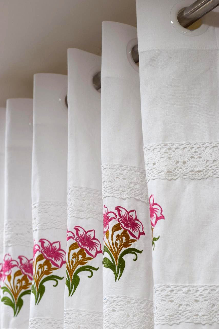 Floral Embroidered Cotton Door Curtain – 4 x 7 ft / 4 *5 feet (White)