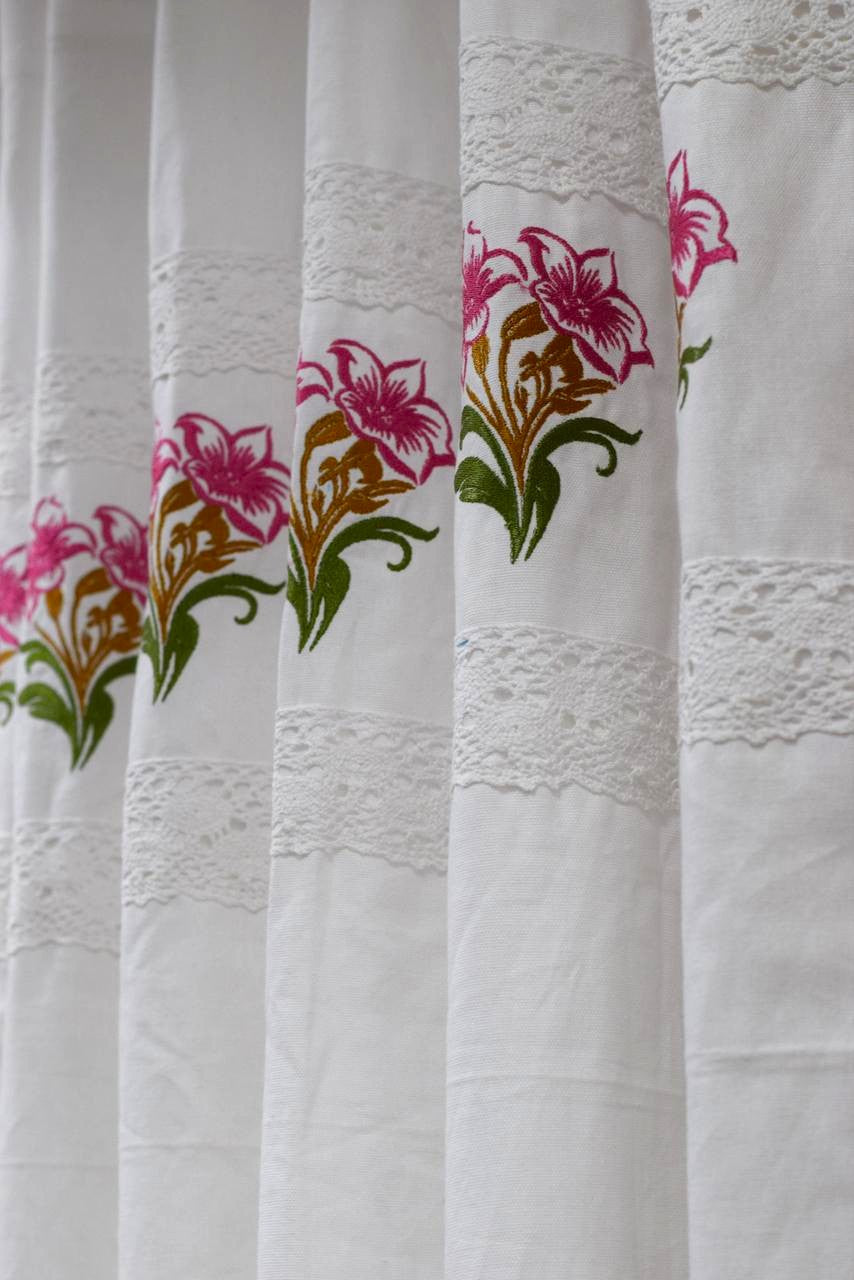Floral Embroidered Cotton Door Curtain – 4 x 7 ft / 4 *5 feet (White)