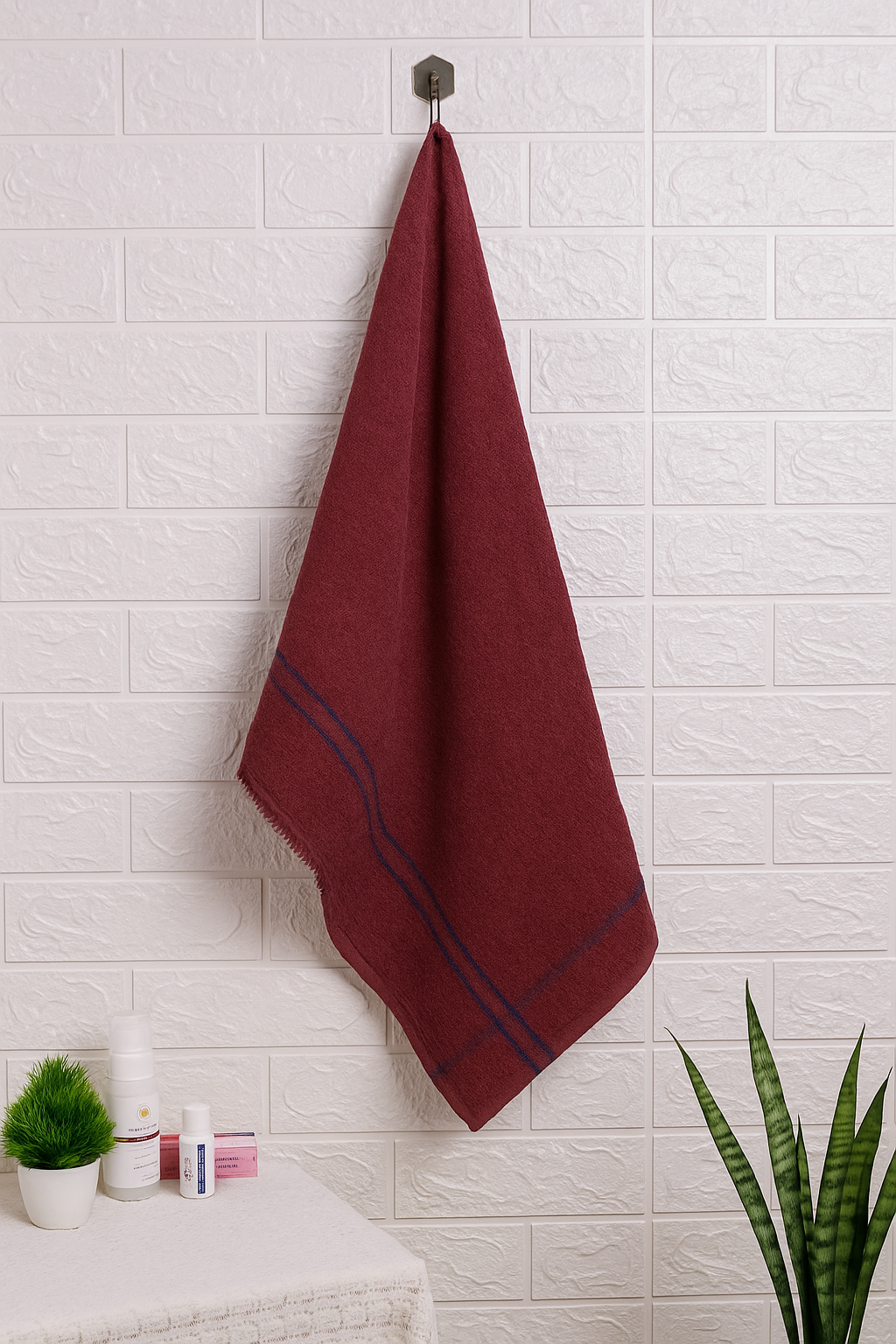 Elegant Microfiber Hand Towel Set - White &Maroon with Striped Detail - Set of 2