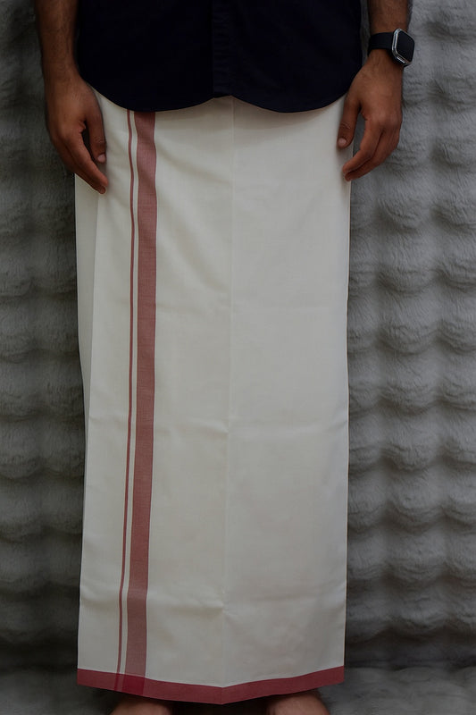 Traditional White Cotton Dhothi with Maroon Border