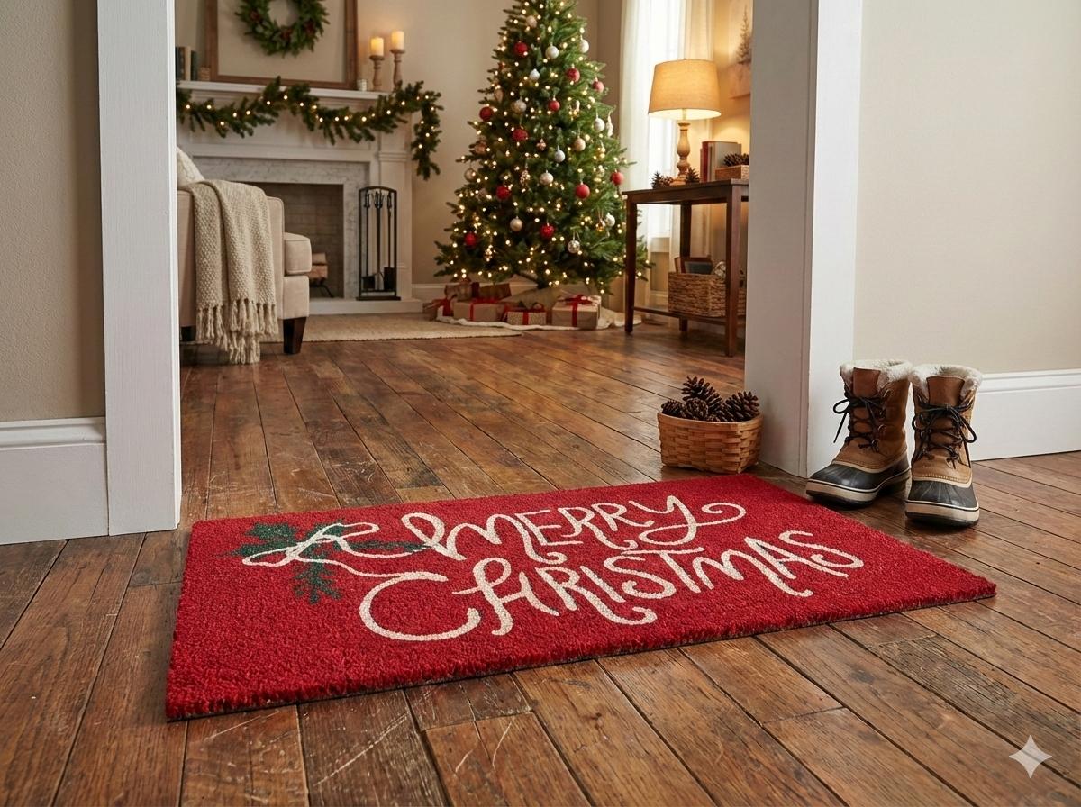 Merry Christmas Festive Door Mat – Red Holiday Welcome Mat for Home Entrance