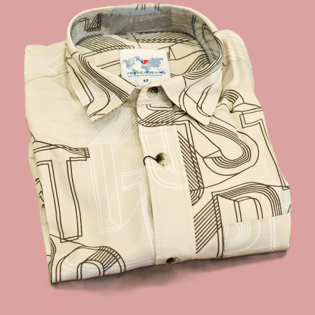 Men’s Beige Printed Rayon Shirt – Casual Short Sleeve