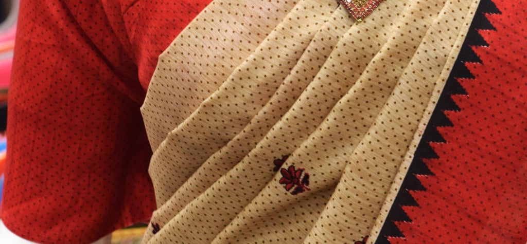 Elegant Beige and Red  Synthetic Saree with Contrast Border& Embroidery Work