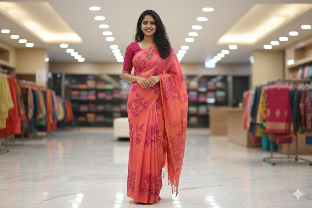Elegant Semi-Silk Saree with Floral Design – Peach Pink